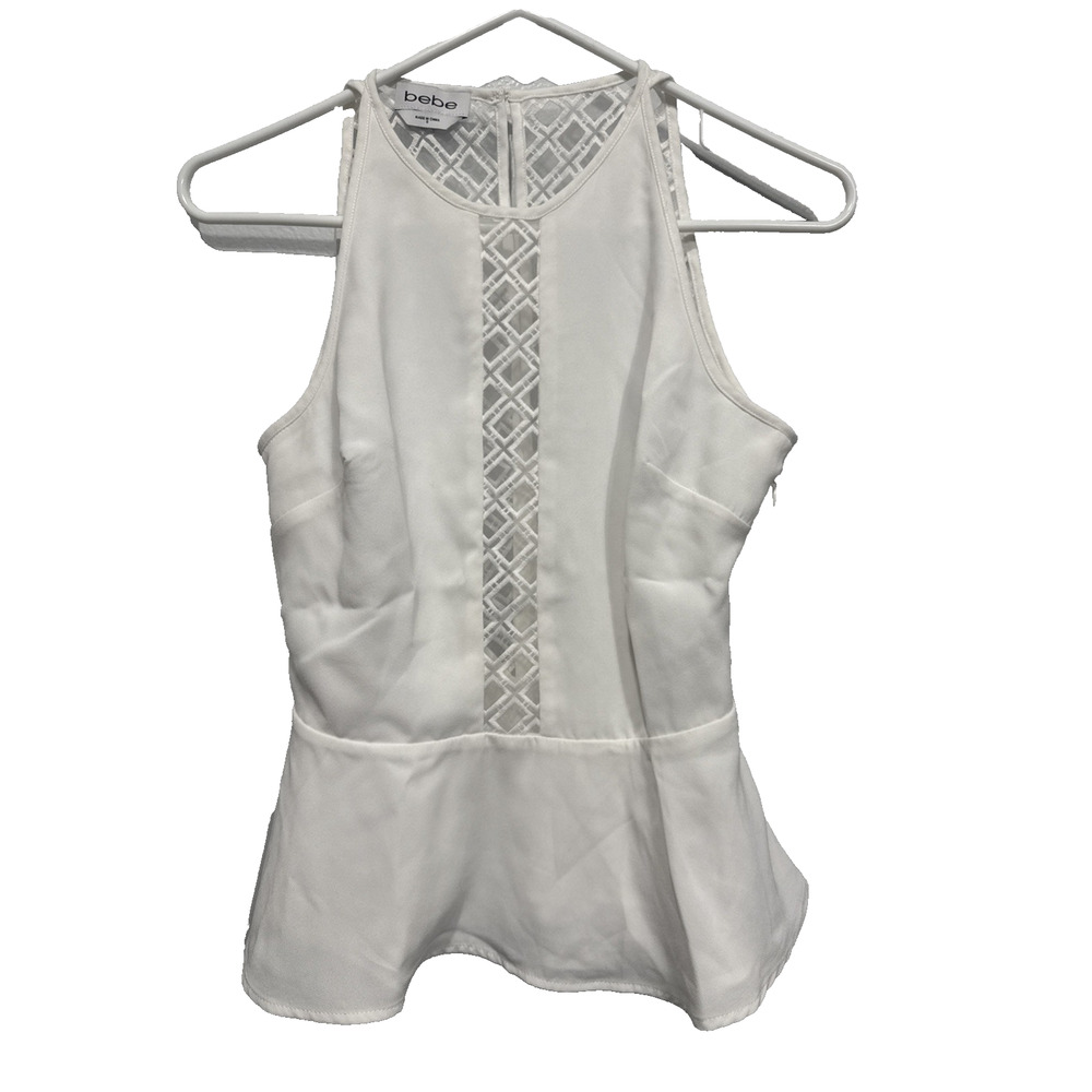 Bebe Womens White Peplum Top Size 0 Sheer Embroidered Panel Sleeveless Feminine